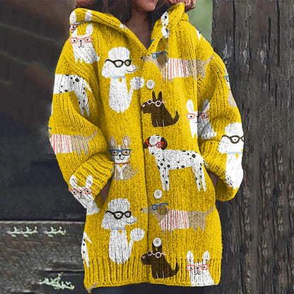 Rétro mignon Pet Print Button Up épais chandail à capuchon à manches longues Cardigan