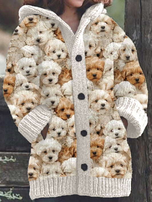 Rétro mignon Pet Print Button Up épais chandail à capuchon à manches longues Cardigan