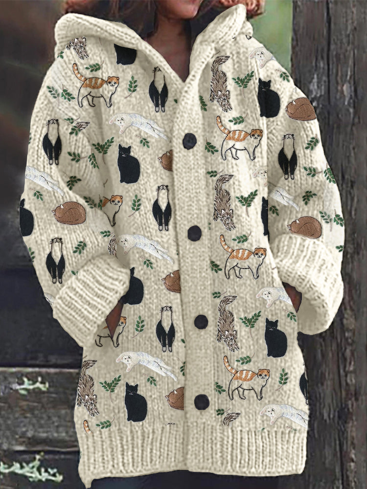 Rétro mignon Pet Print Button Up épais chandail à capuchon à manches longues Cardigan