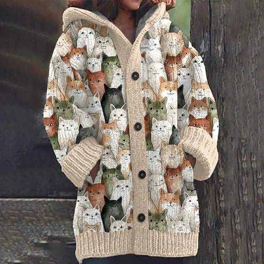 Rétro mignon Pet Print Button Up épais chandail à capuchon à manches longues Cardigan