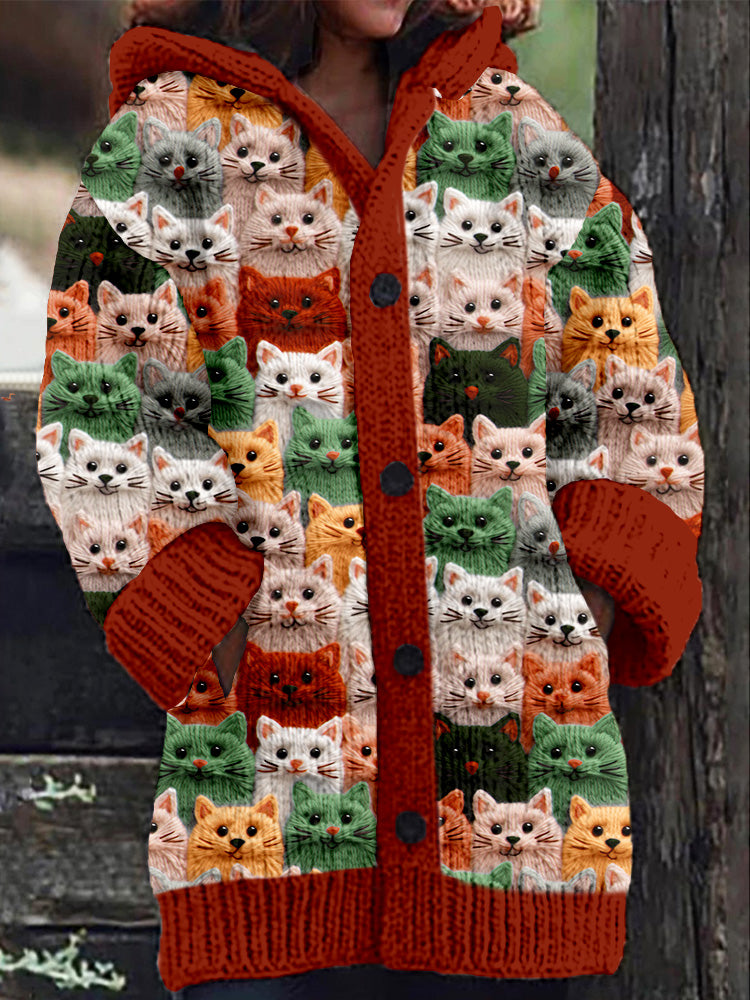 Rétro mignon Pet Print Button Up épais chandail à capuchon à manches longues Cardigan