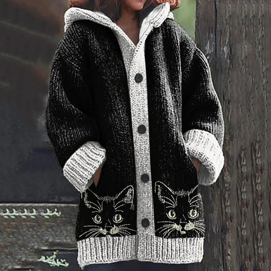 Rétro mignon Pet Print Button Up épais chandail à capuchon à manches longues Cardigan