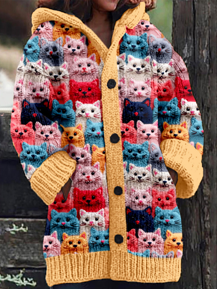 Rétro mignon Pet Print Button Up épais chandail à capuchon à manches longues Cardigan