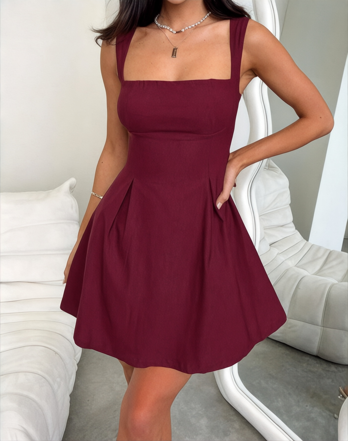Robe d’été élégante à col carré avec nœud et taille haute