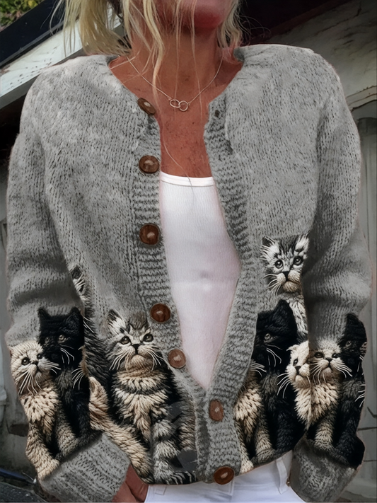 Élégant Rétro Chat Imprimé Boutonné Décontracté À Manches Longues En Tricot Cardigan Pull