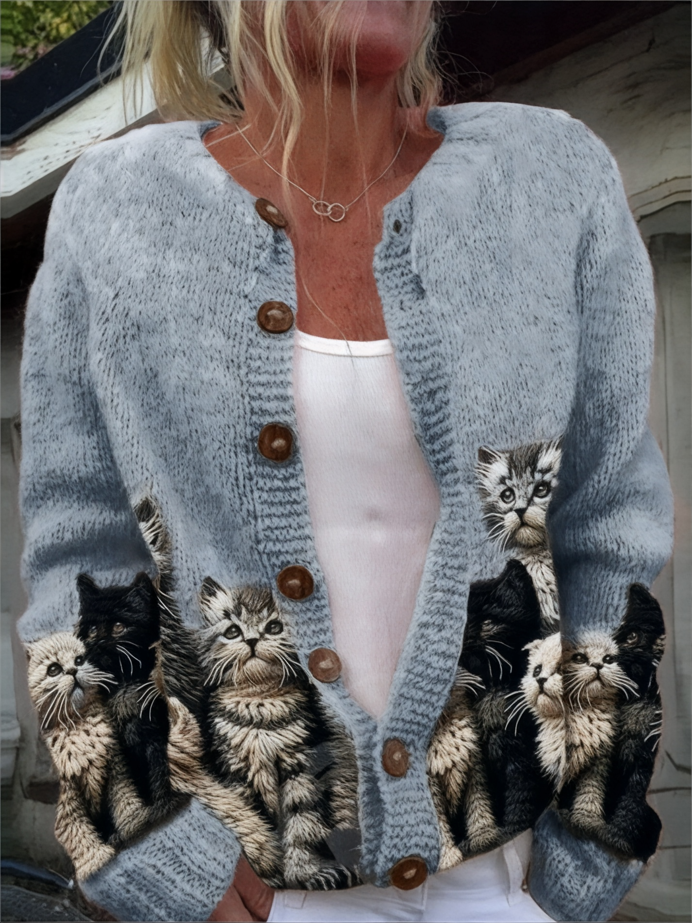 Élégant Rétro Chat Imprimé Boutonné Décontracté À Manches Longues En Tricot Cardigan Pull