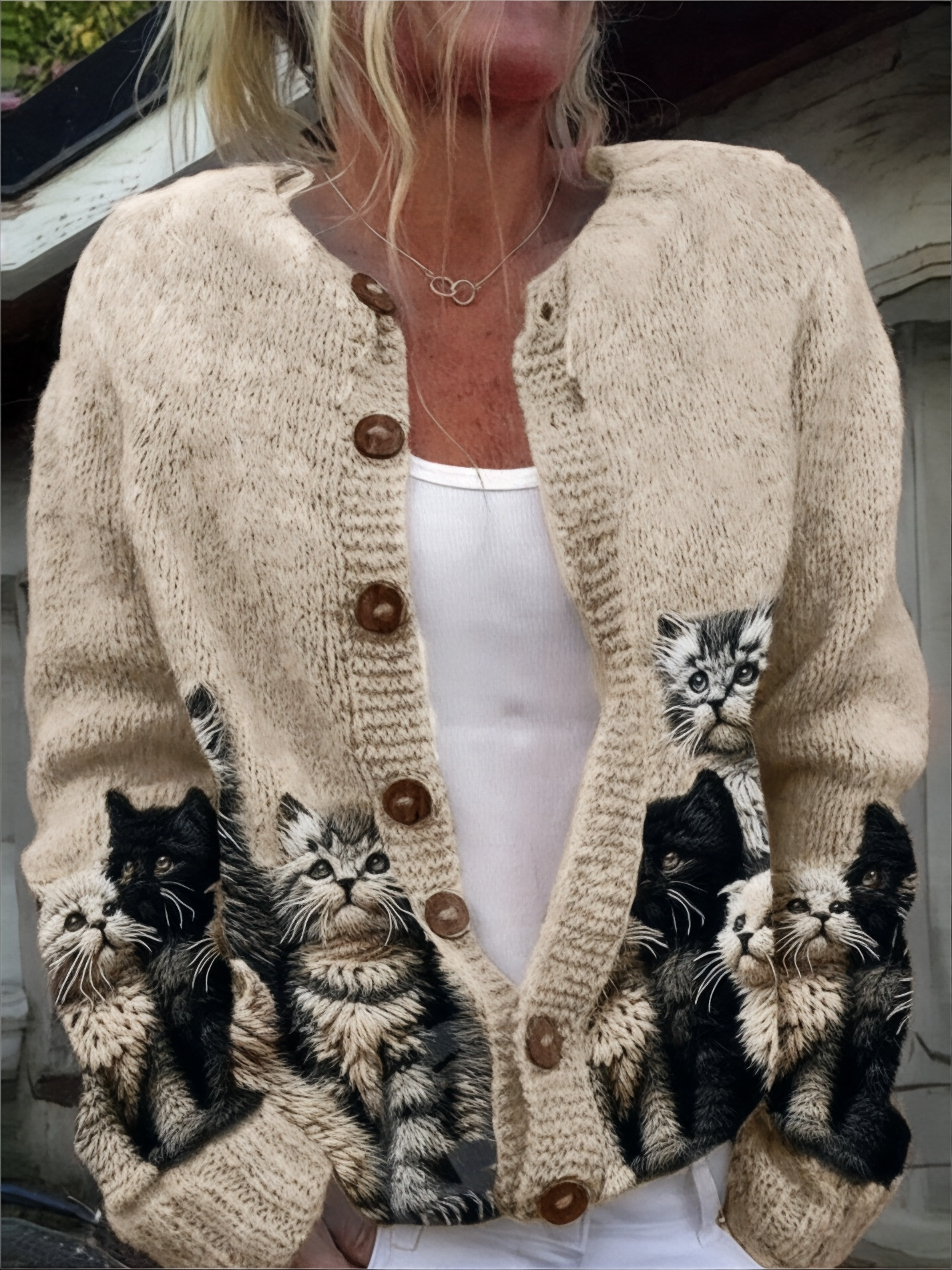 Élégant Rétro Chat Imprimé Boutonné Décontracté À Manches Longues En Tricot Cardigan Pull