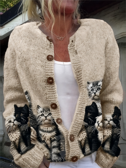 Élégant Rétro Chat Imprimé Boutonné Décontracté À Manches Longues En Tricot Cardigan Pull