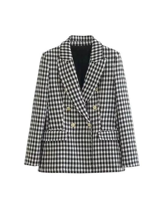 Blazer Femme Pied-de-Poule Vintage, Double Boutonnage, Élégant