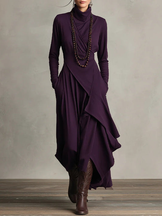 Giorgia™ - Robe Maxi Plissée Asymétrique Violet avec Col Montant (Collier non inclus)