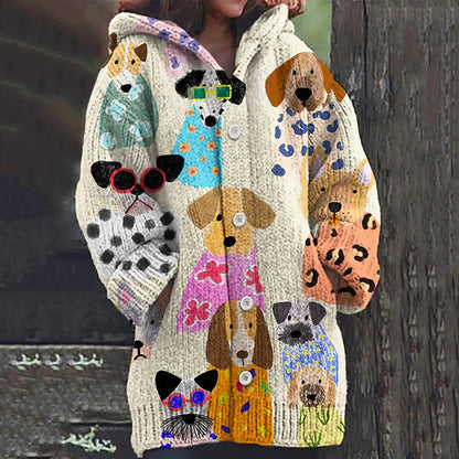 Rétro mignon Pet Print Button Up épais chandail à capuchon à manches longues Cardigan