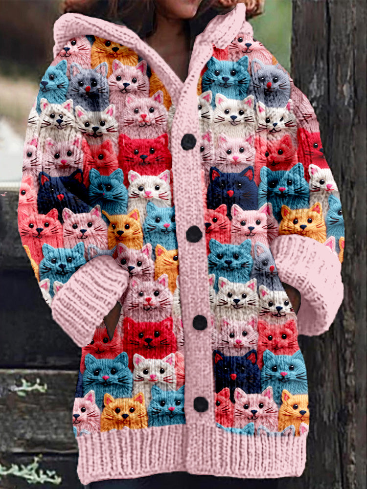 Rétro mignon Pet Print Button Up épais chandail à capuchon à manches longues Cardigan