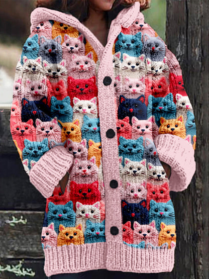 Rétro mignon Pet Print Button Up épais chandail à capuchon à manches longues Cardigan
