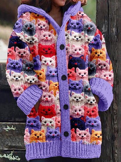 Rétro mignon Pet Print Button Up épais chandail à capuchon à manches longues Cardigan