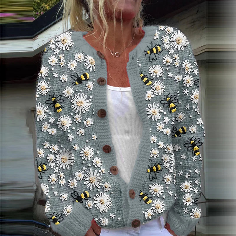 Élégant rétro imprimé floral boutonné décontracté à manches longues en tricot Cardigan Pull
