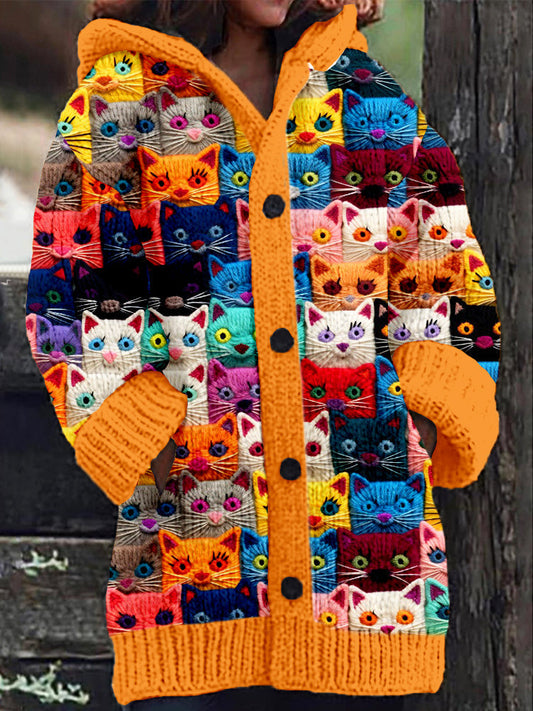 Rétro mignon Pet Print Button Up épais chandail à capuchon à manches longues Cardigan