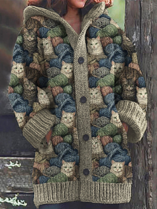 Rétro mignon Pet Print Button Up épais chandail à capuchon à manches longues Cardigan