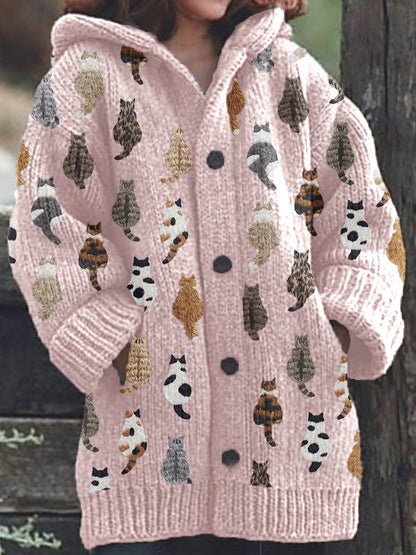 Rétro mignon Pet Print Button Up épais chandail à capuchon à manches longues Cardigan