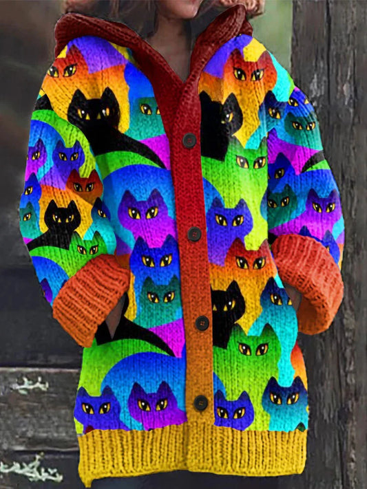Rétro mignon Pet Print Button Up épais chandail à capuchon à manches longues Cardigan