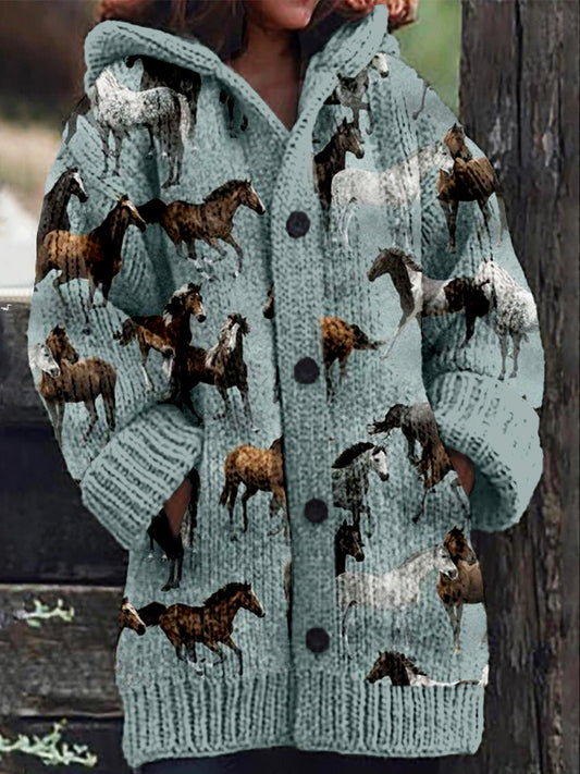 Rétro mignon Pet Print Button Up épais chandail à capuchon à manches longues Cardigan