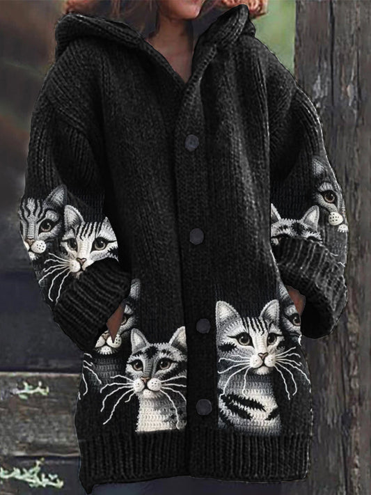 Rétro mignon Pet Print Button Up épais chandail à capuchon à manches longues Cardigan