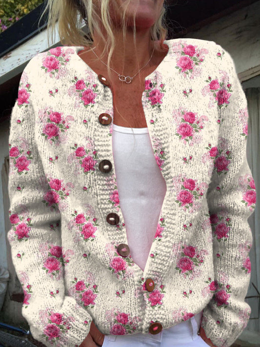 Cardigan à boutons imprimé floral vintage
