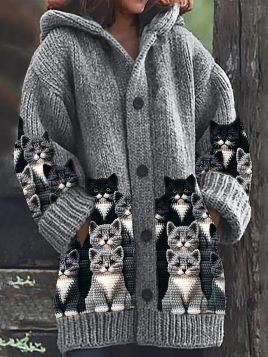 Rétro mignon Pet Print Button Up épais chandail à capuchon à manches longues Cardigan