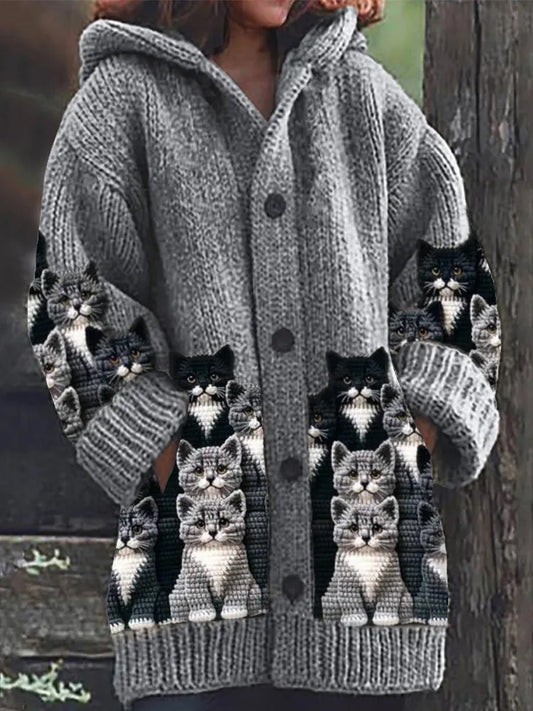 Rétro mignon Pet Print Button Up épais chandail à capuchon à manches longues Cardigan