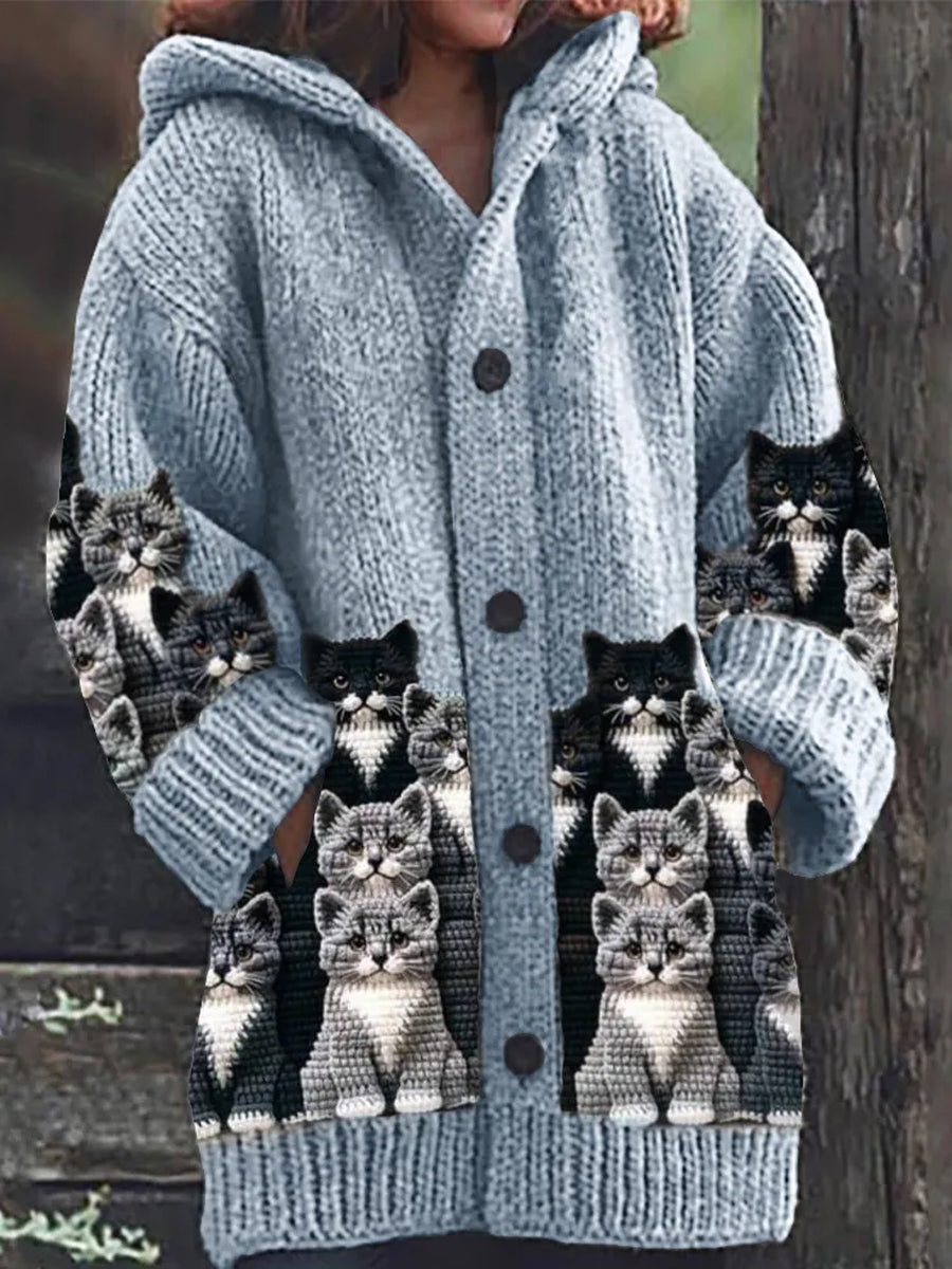 Rétro mignon Pet Print Button Up épais chandail à capuchon à manches longues Cardigan