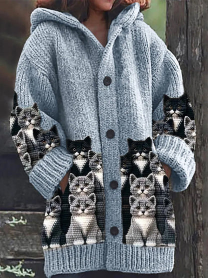 Rétro mignon Pet Print Button Up épais chandail à capuchon à manches longues Cardigan