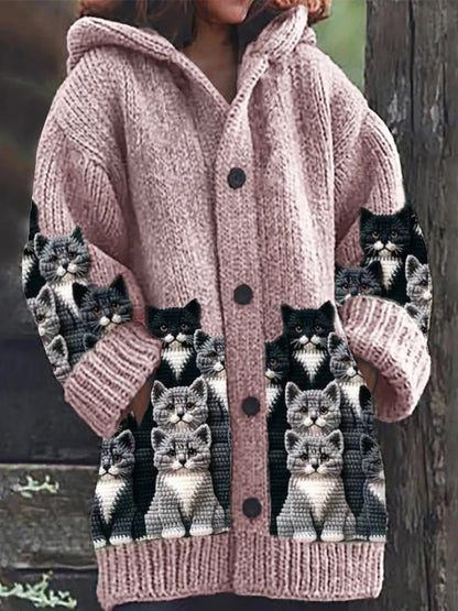 Rétro mignon Pet Print Button Up épais chandail à capuchon à manches longues Cardigan