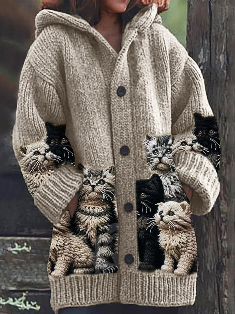 Rétro mignon Pet Print Button Up épais chandail à capuchon à manches longues Cardigan