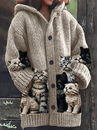Rétro mignon Pet Print Button Up épais chandail à capuchon à manches longues Cardigan
