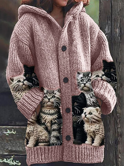 Rétro mignon Pet Print Button Up épais chandail à capuchon à manches longues Cardigan