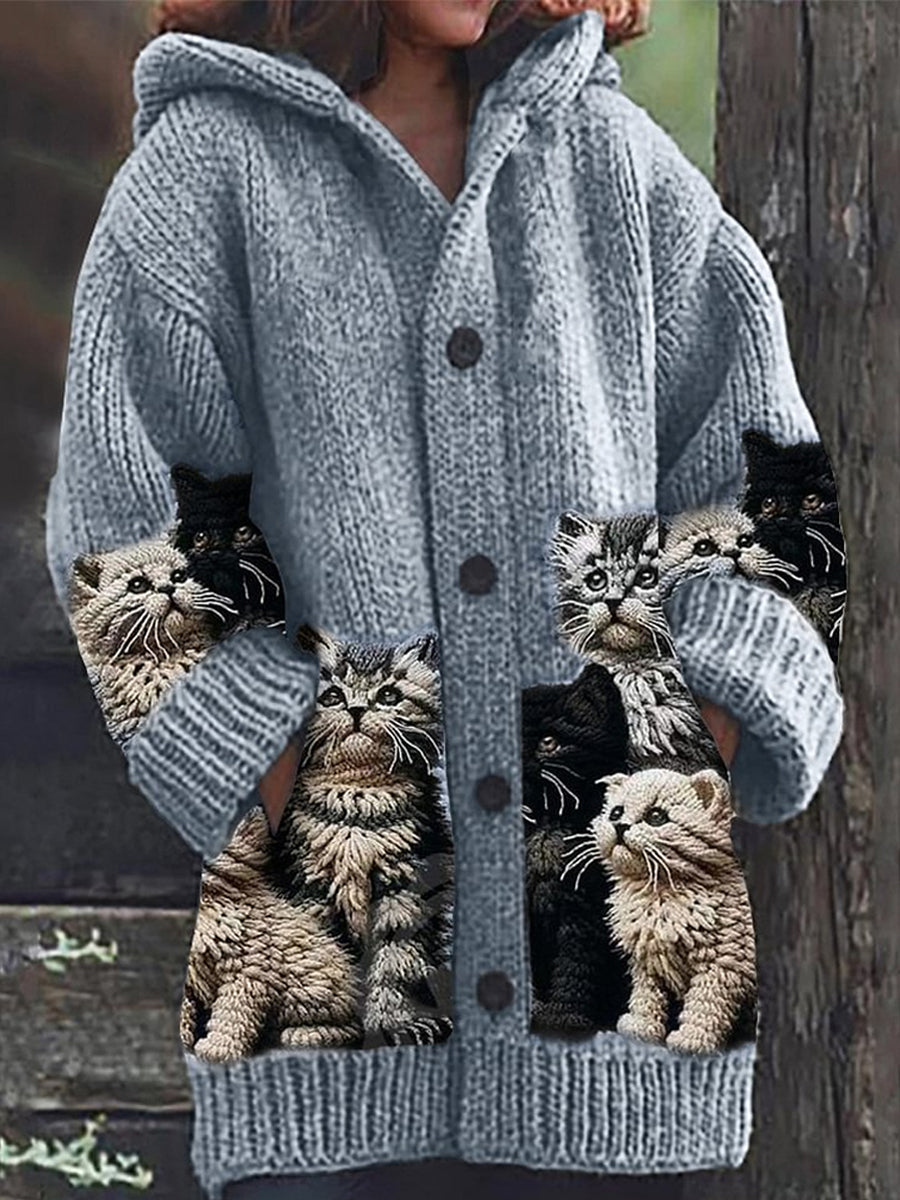 Rétro mignon Pet Print Button Up épais chandail à capuchon à manches longues Cardigan