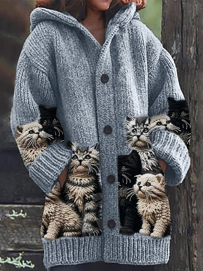 Rétro mignon Pet Print Button Up épais chandail à capuchon à manches longues Cardigan