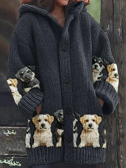Rétro mignon Pet Print Button Up épais chandail à capuchon à manches longues Cardigan
