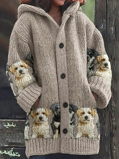Rétro mignon Pet Print Button Up épais chandail à capuchon à manches longues Cardigan