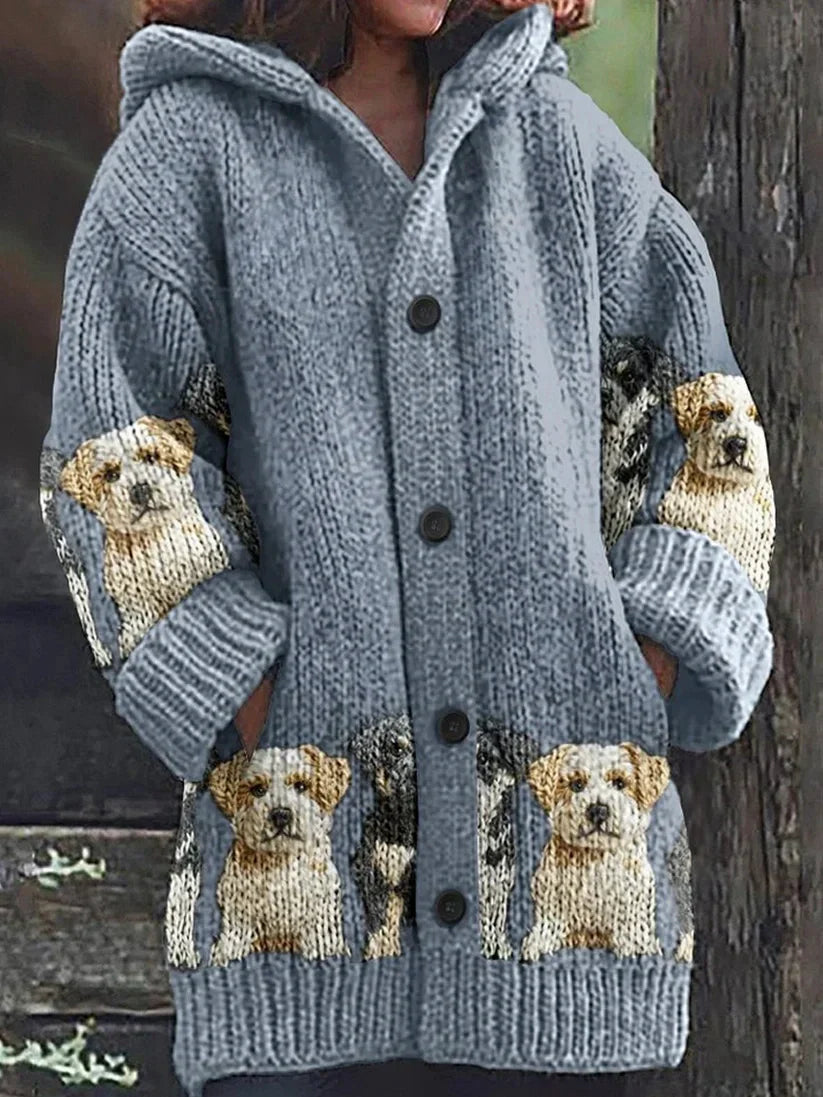 Rétro mignon Pet Print Button Up épais chandail à capuchon à manches longues Cardigan