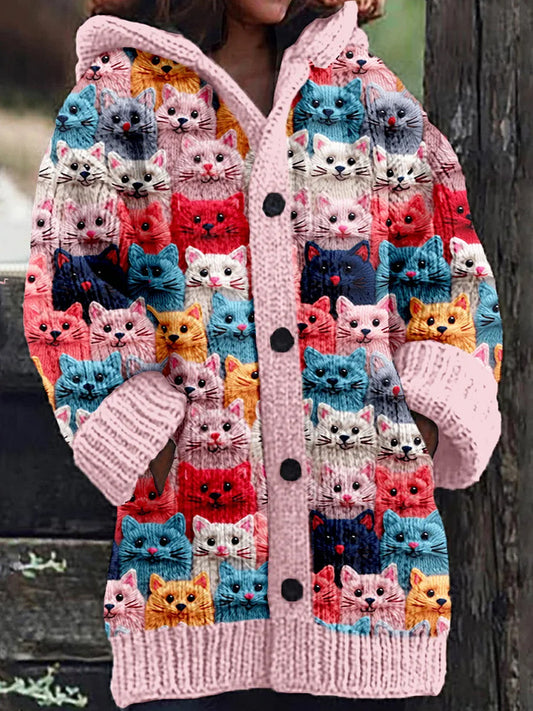 Rétro mignon Pet Print Button Up épais chandail à capuchon à manches longues Cardigan