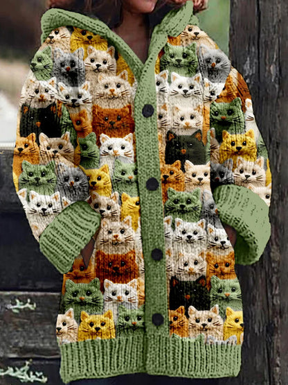 Rétro mignon Pet Print Button Up épais chandail à capuchon à manches longues Cardigan