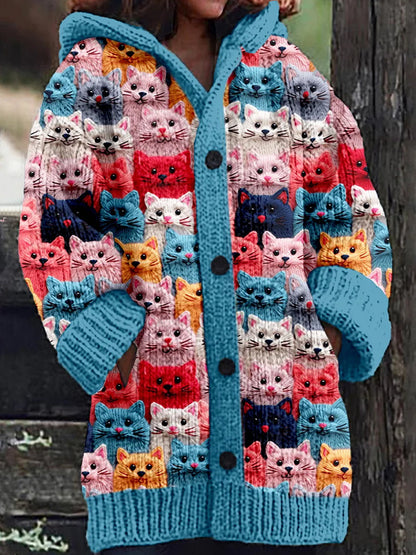 Rétro mignon Pet Print Button Up épais chandail à capuchon à manches longues Cardigan