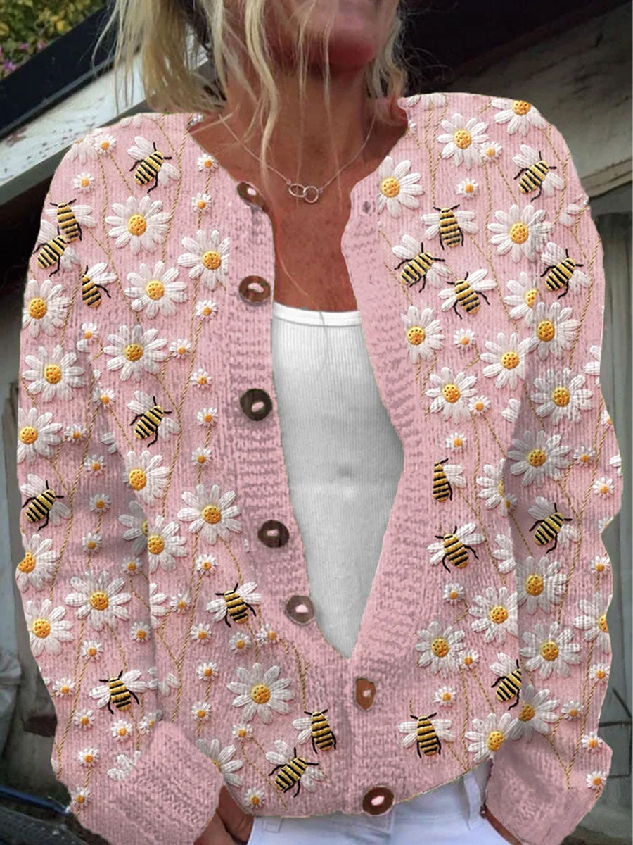 Élégant rétro imprimé floral boutonné décontracté à manches longues en tricot Cardigan Pull