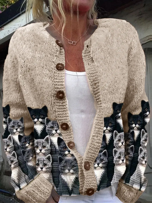 Élégant Rétro Chat Imprimé Boutonné Décontracté À Manches Longues En Tricot Cardigan Pull