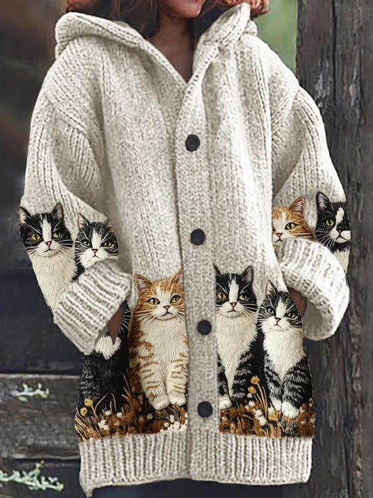 Mignon Chat Imprimer Bouton Épais À Manches Longues À Capuche Cardigan Pull
