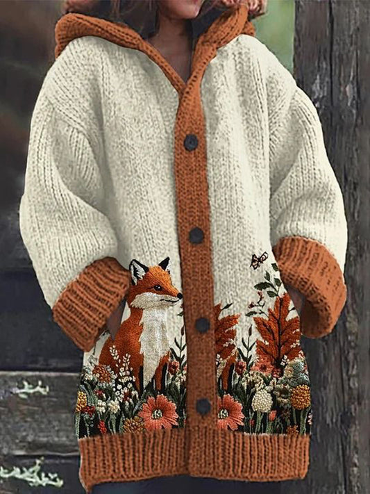 Motif de fleur de renard animal des femmes Cardigan à capuche tricoté confortable décontracté