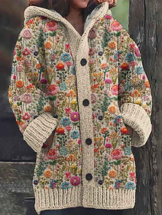 Cardigan à capuche tricoté décontracté motif de broderie florale pour femmes