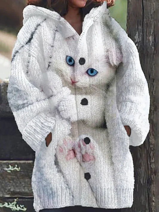 Cardigan à capuche tricoté décontracté motif de chat mignon pour femmes