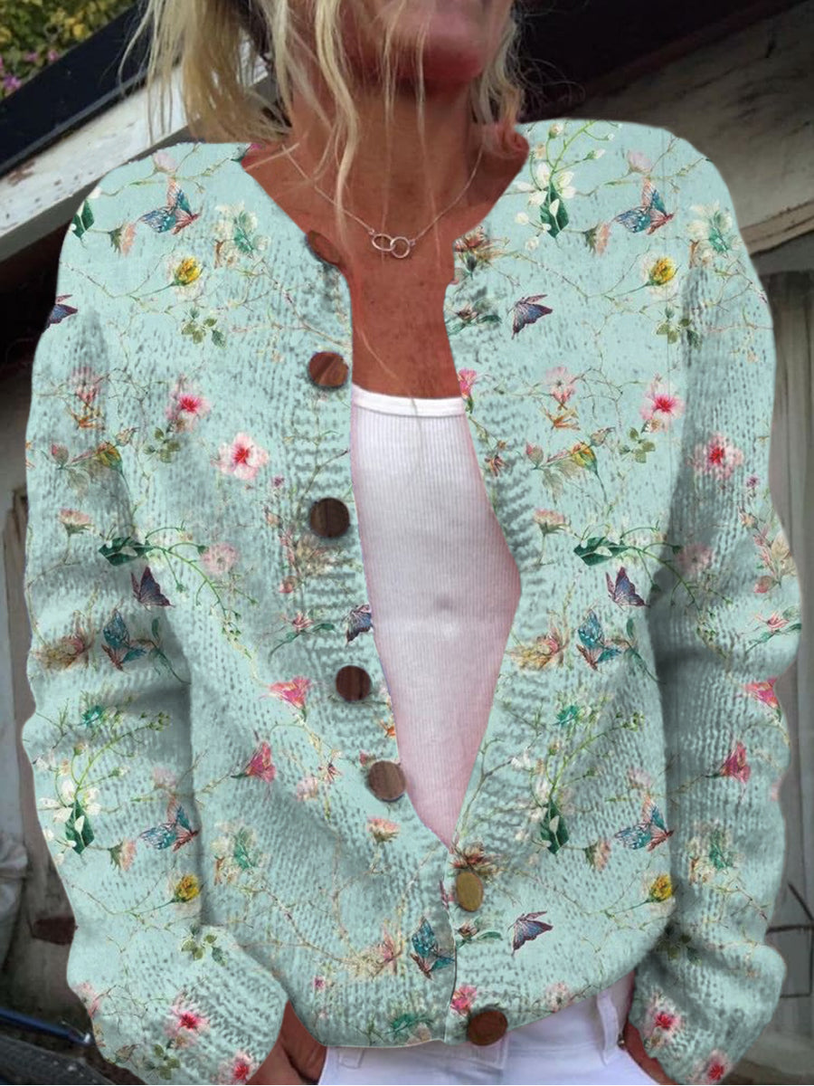 Élégant rétro imprimé floral boutonné décontracté à manches longues en tricot Cardigan Pull
