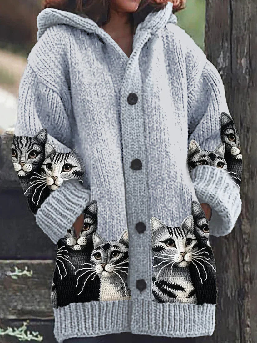 Rétro mignon Pet Print Button Up épais chandail à capuchon à manches longues Cardigan